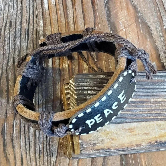Handcrafted Leather Peace Affirmation Bracelet - Picture 2 of 4